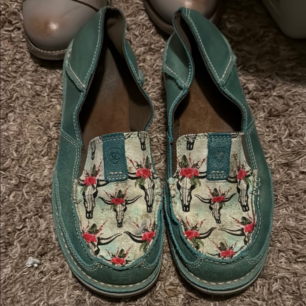 Ariat Blue and Red Flats with Floral Design